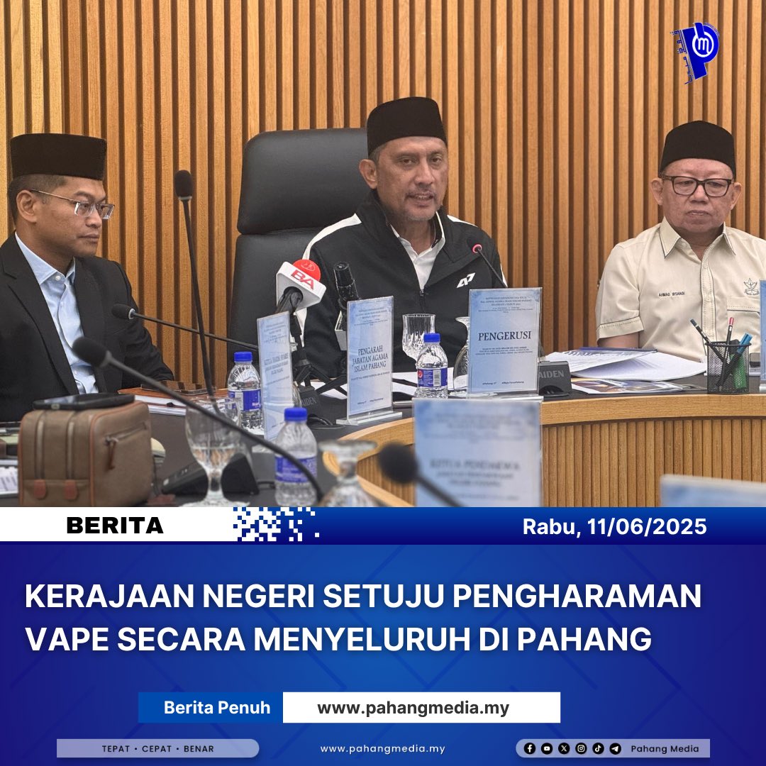 KUANTAN, 11 JUN 2025 : Kerajaan Negeri Pahang telah bersetuju menerima pakai fatwa yang dikeluarkan Pejabat Mufti Negeri Pahang dalam mengharamkan penggunaan rokok elektronik atau vape secara menyeluruh di negeri ini.

pahangmedia.my/archives/46896