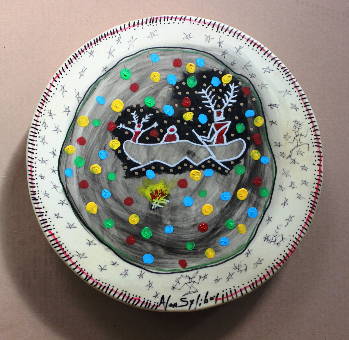 June 11, 2025
The Daily Drum
Todays drum depicts Little Thunder and Big Thunder rescuing a woman who had been captured by another tribe. Little Thunder celebrates as the woman offers prayers of thanks to the creator.
Have a Great Day!