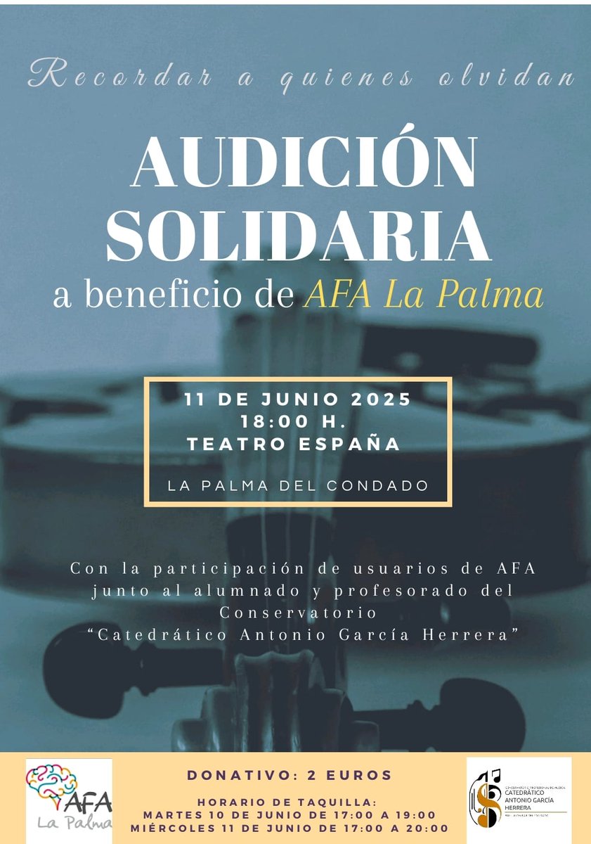🎶 AUDICIÓN SOLIDARIA A FAVOR DE AFA LA PALMA 🎶

🗓 Fecha: Miércoles, 11 de junio
📍 Lugar: Teatro España
🕕 Hora: 18:00 h. Donativo 2 €

🎼 Actúan: Profesorado y alumnado del Conservatorio Profesional de Música "Catedrático Antonio García Herrera" de Bollullos Par del Condado.