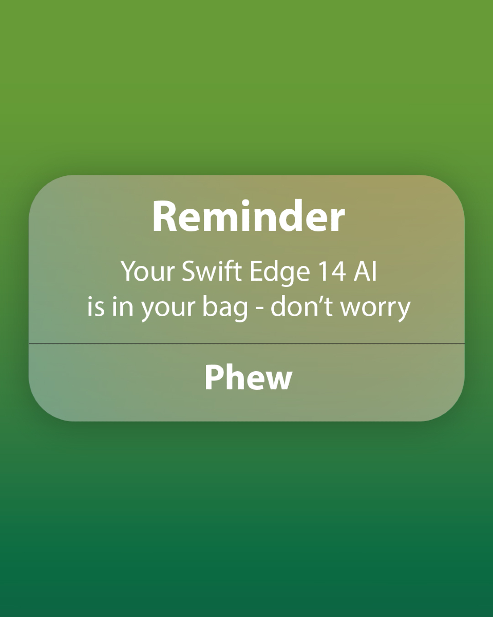 ES_Acer's tweet image. Con un peso inferior a 1 kg, el Swift Edge 14 AI es nuestro portátil más ligero hasta la fecha. Tan ligero que puede que tengas ese ligero pánico al llegar al trabajo🤭🪶.

#Acer #ProductoAcer #AcerSwift14AI #LightLaptops