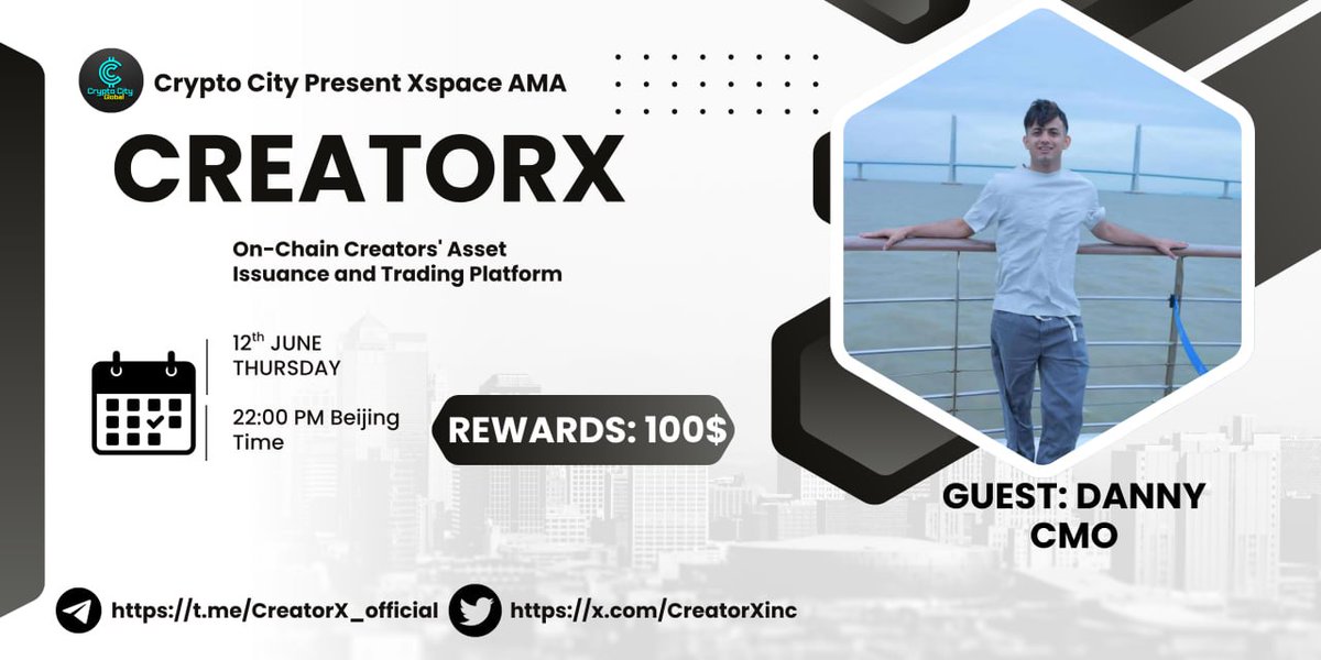 CryptoCity53's tweet image. 📣 We&apos;re pleased to announce the #XspaceAMA with @CreatorXinc

📆 Date: 12th June 2025
🕓 Time: 22 :00 PM Beijing Time
💰 Rewards: $100 USDT

📌 Set Reminder👇
x.com/i/spaces/1lPKq…

⚠️ Rules:
♂️ Follow: @CryptoCity53 &amp;amp; @CreatorXinc
♂️ Like, RT &amp;amp; Unlimited Question.