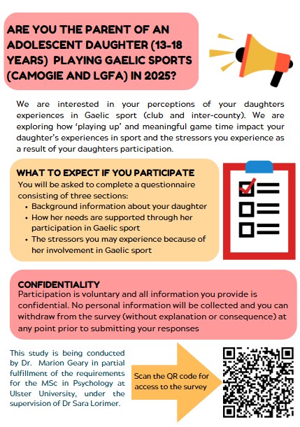 📣 Another call out for parents of adolescent girls aged 13-18 in Gaelic sports!

We’re running an online study on you and your daughter’s experiences in club/inter-county Gaelic games.

📝Complete a quick survey

📎 Poster attached with study QR code

Thank you for your support!