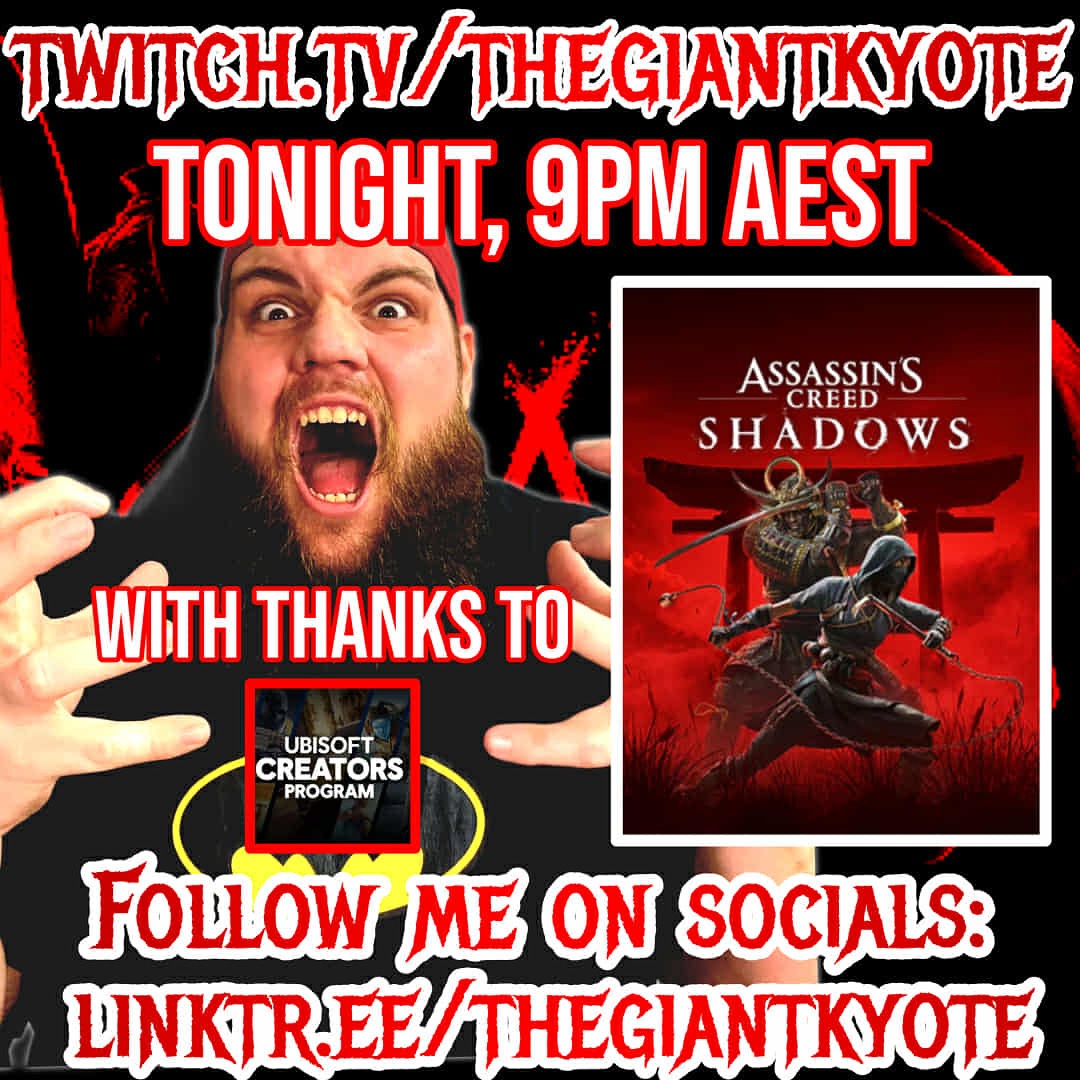 TheGiantKyote's tweet image. Very excited to be back on stream tonight from 9PM AEST #twitch #AssassinsCreedShadows #Ubisoft