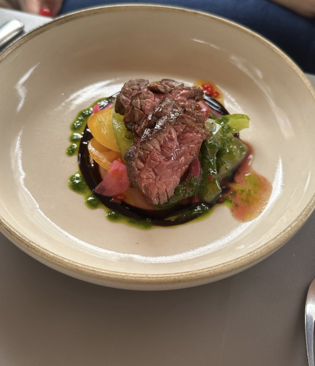 Onglet, <a href="/iowtomatoes/">Isle of Wight Tomatoes</a>, pickled red onion, fermented chilli. Simple.