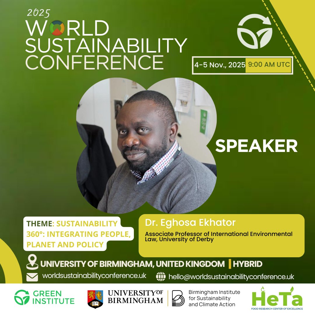 theGreenHQ's tweet image. Governance for a greener planet.

Dr. Eghosa Ekhator brings essential global insights to #WSC2025.

Submit now: bit.ly/411oQUU 

#CallForAbstract #Conference2025

@carnegiemellon @lehighu
@ucdavis @colgateuniv @holy_cross
