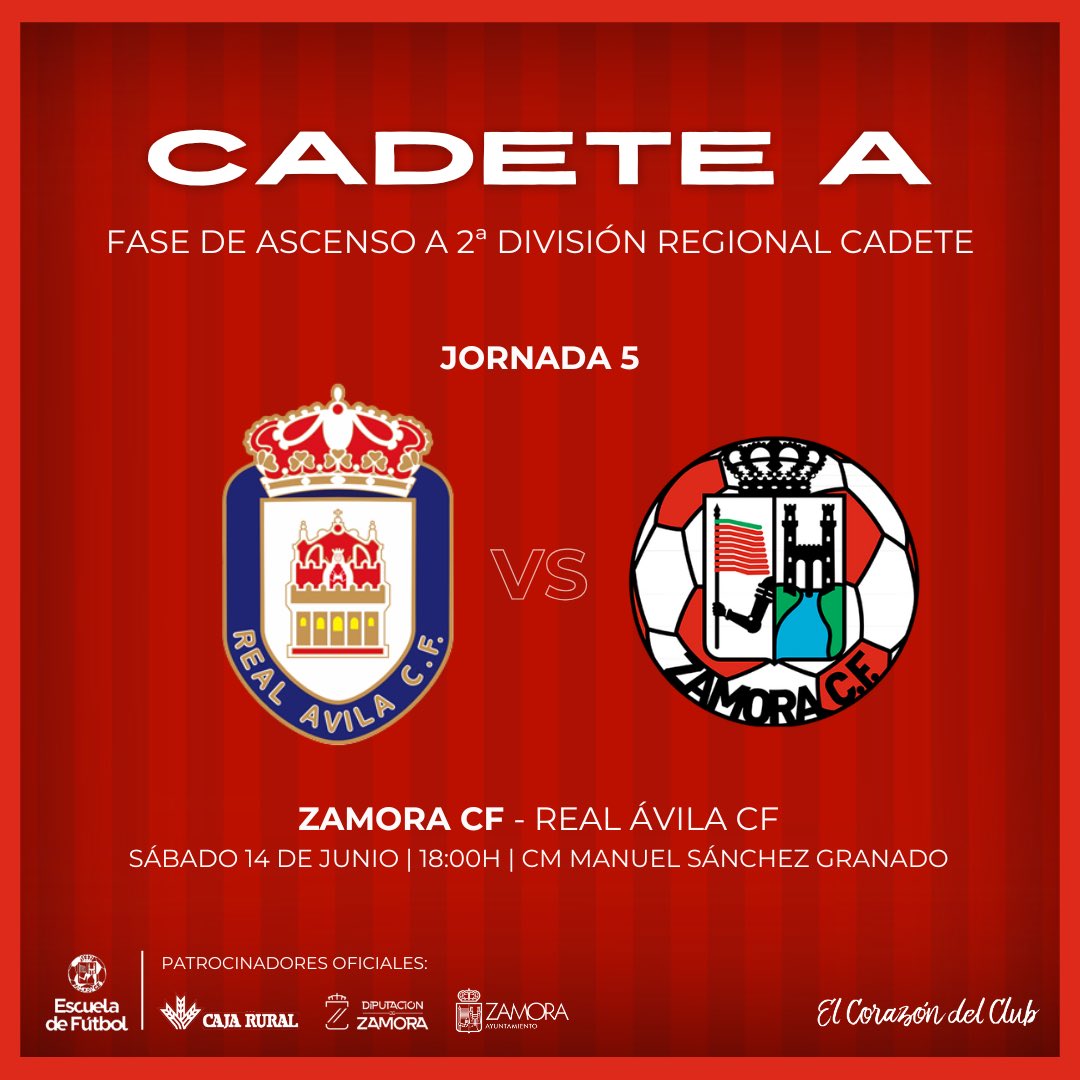 𝗖𝗔𝗗𝗘𝗧𝗘 𝗔 | Horario
🏆 Fase de Ascenso
✅ Jornada 5
🆚 <a href="/RealAvilaCF/">Real Ávila CF</a> 
🏟️ CM Manuel Sánchez Granado 
🗓️ Sábado 14 de junio
⏰ 18:00
#CadeteA | #ElCorazónDelClub