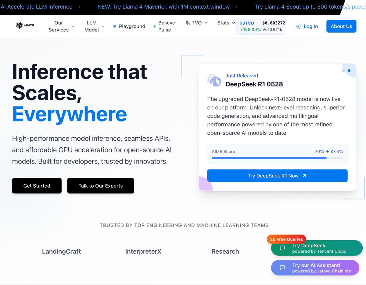 JatevoId's tweet image. Hey @mattppal @amasad,

We make decentralized LLM Inference platform running on @Replit 

Now we valued at $3.3m, thinking it is a biggest startup running on @Replit ecosystem.

Take a look jatevo.id

9VY2rDbtsBmTsBxoRF8hWSEUKGqnoQoe9V6W3JnjNgfm