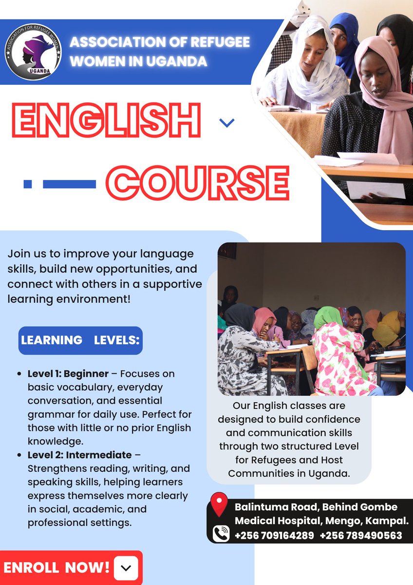 🌍✨ Free English Language Classes for Refugees in Kampala
Are you a refugee seeking to improve your English skills? Join our free language classes designed to help you integrate, communicate, and thrive in Uganda.
#RefugeeEducation #FreeEnglishClasses #KampalaRefugees