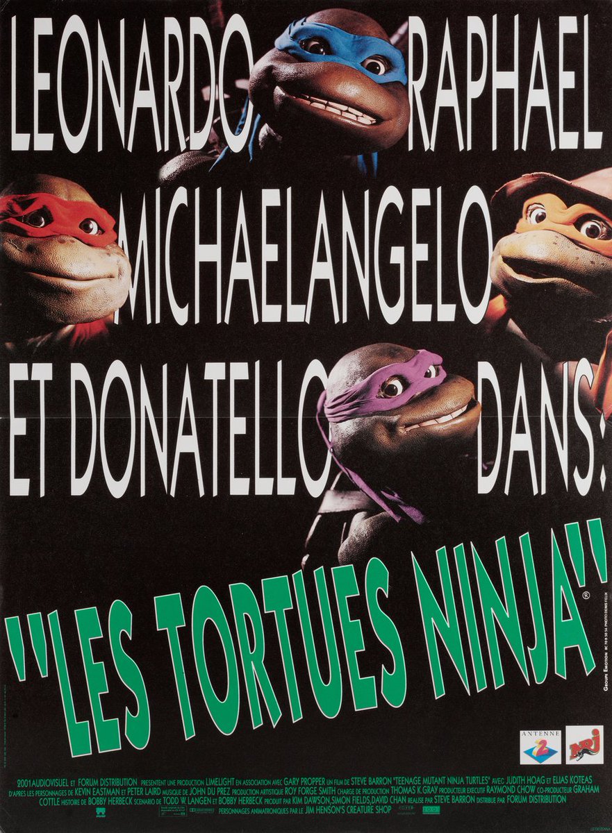 TheOldTurtleDen's tweet image. 90s French Teenage Mutant Ninja Turtles movie poster
The credits at the bottom indicate that it is for the original 1990 movie but the Turtle suits that are used appear to be the 1991 Secret of The Ooze movie suits