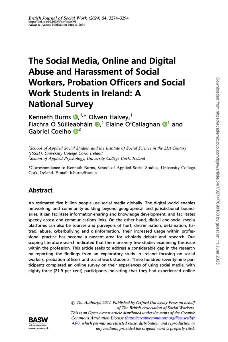 Want to read one of the <a href="/BJofSW/">BJSW</a> most-read articles? Groundbreaking <a href="/uccsocialwork/">@UCCsocialwork</a> study on social media and online abuse &amp; harassment in #socialwork &amp; probation. Available to read for free #openaccess 👇

academic.oup.com/bjsw/article-a…

<a href="/FiachraOS/">FiachraOSuilleabhain (He/Him)</a> <a href="/UCCResearch/">UCC Research</a> <a href="/CACSSSResearch1/">CACSSS - Research</a> <a href="/CACSSS1/">UCC Arts, Celtic Studies and Social Sciences</a>