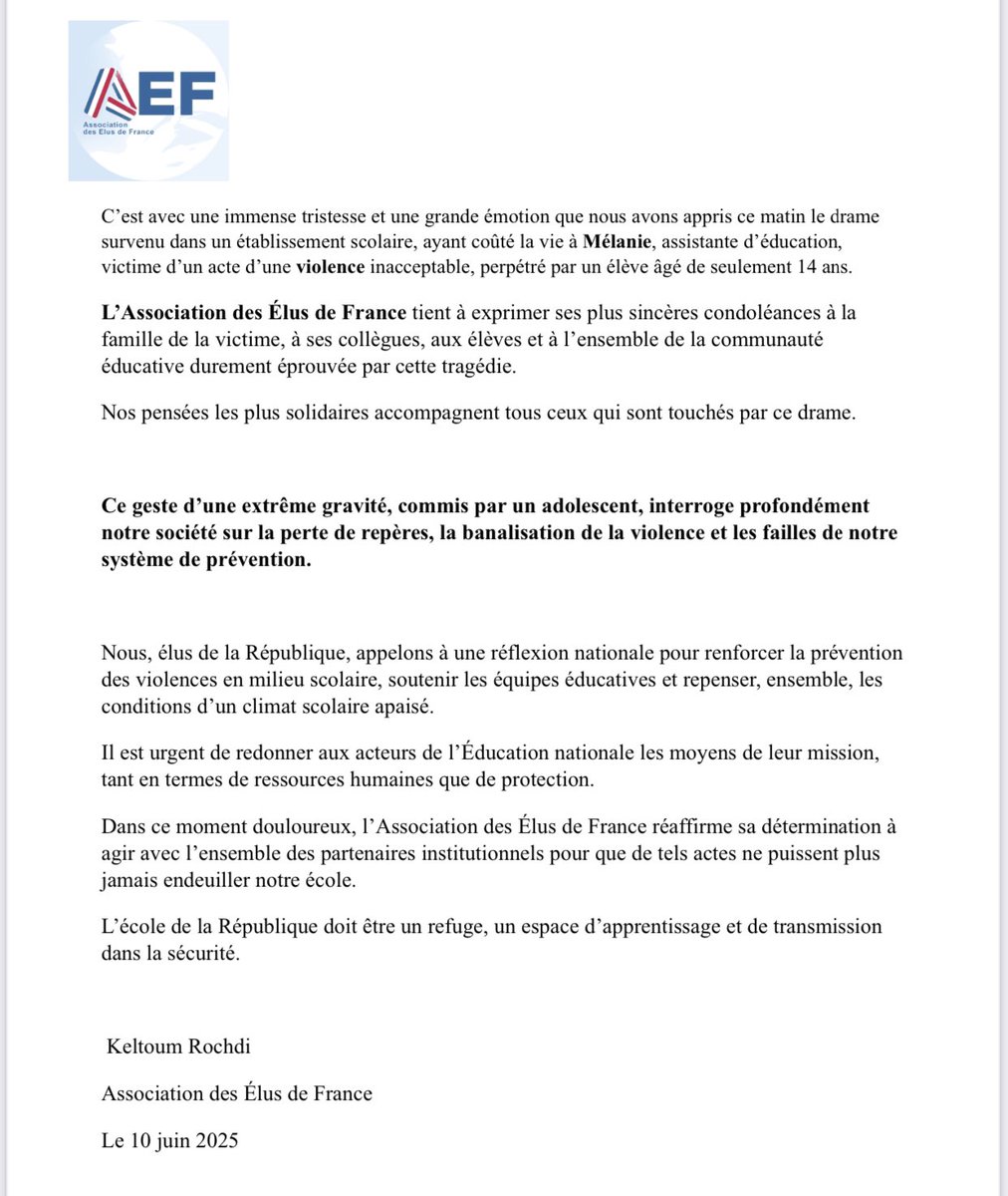 Association des Élus de France | AEF (@assoelusfrance) on Twitter photo Communiqué de l’<a href="/AssoElusFrance/">Association des Élus de France | AEF</a> à la suite de l’assassinat de Mélanie Grapinet, assistante d’éducation. Par <a href="/KeltoumRochdi/">Keltoum Rochdi</a> Communiqué de l’<a href="/AssoElusFrance/">Association des Élus de France | AEF</a> à la suite de l’assassinat de Mélanie Grapinet, assistante d’éducation. Par <a href="/KeltoumRochdi/">Keltoum Rochdi</a>