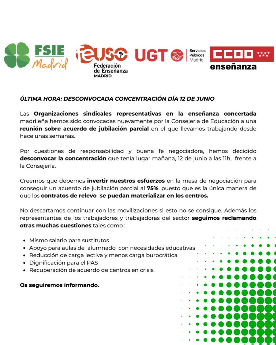 FSIE MADRID 🍀 (@fsiemadrid) on Twitter photo 🔴ÚLTIMA HORA🔴 <a href="/educacmadrid/">Educación▪️Comunidad de Madrid</a> nos cita a una reunión mañana a las 11:30h.
Por responsabilidad y para centrar nuestros esfuerzos en la mesa de negociación, desconvocamos la concentración que teníamos prevista para este día.
➡️ acortar.link/byOdyo
#ConcertadaPersonalOlvidado 🔴ÚLTIMA HORA🔴 <a href="/educacmadrid/">Educación▪️Comunidad de Madrid</a> nos cita a una reunión mañana a las 11:30h.
Por responsabilidad y para centrar nuestros esfuerzos en la mesa de negociación, desconvocamos la concentración que teníamos prevista para este día.
➡️ acortar.link/byOdyo
#ConcertadaPersonalOlvidado