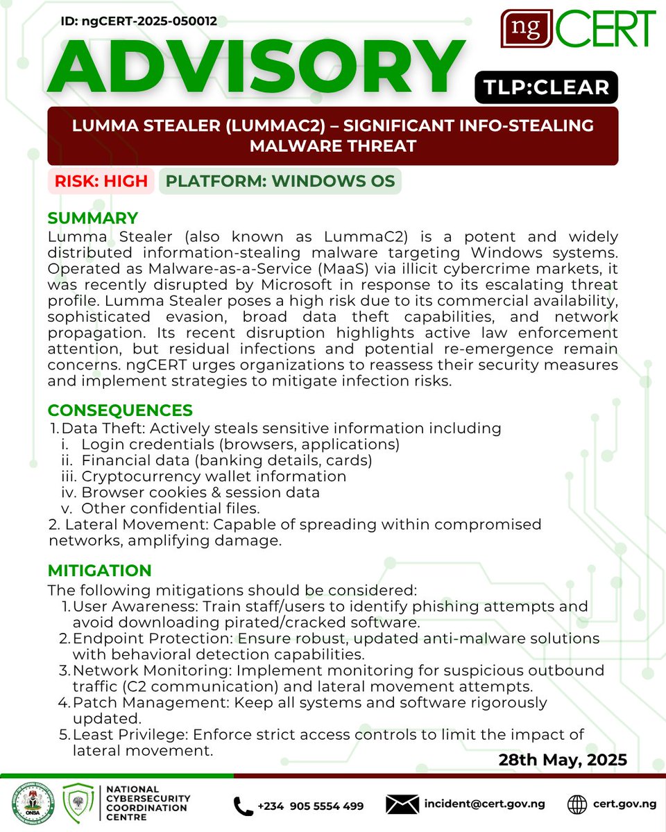 CRITICAL: Lumma Stealer aka LummaC2 is a potent and widely distributed information stealing malware..
Visit our website for more info:
cert.gov.ng/advisories/lum…