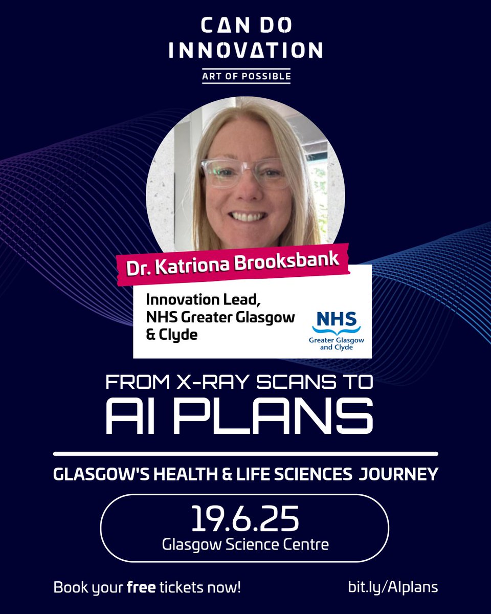 CANDOsummit's tweet image. 📊 Dr Katriona Brooksbank of @NHSGGC speaks at #ArtofPossible on 19 June!
From lung cancer AI to new NHS innovation hubs, discover how she’s shaping future-ready care.
🎟️ FREE bit.ly/AIplans
#Glasgow850 #AIinHealthcare