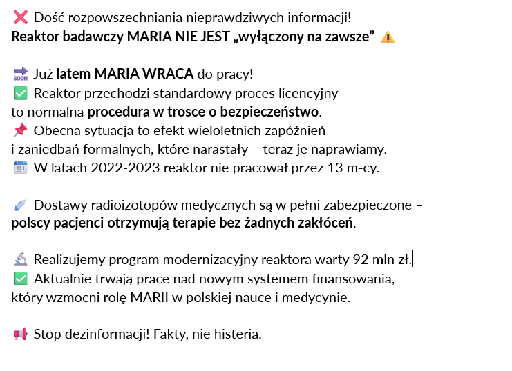 ME_GOV_PL's tweet image. ❌ Dość rozpowszechniania nieprawdziwych informacji!
Reaktor badawczy MARIA NIE JEST „wyłączony na zawsze” ⚠️

#ZrobioneDlaPolski #Bezpieczeństwo #Energetyka #ReaktorMARIA