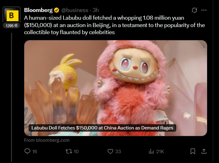 Labubus are a fantastic case study for NFT's.
 
This human sized one sold for 150,000 USD 

I am obsessed with how the cultural profileration for these things have been, and these are so close to our industry  
- You line up in stores : like a whitelist 
- Blind box : NFT reveals