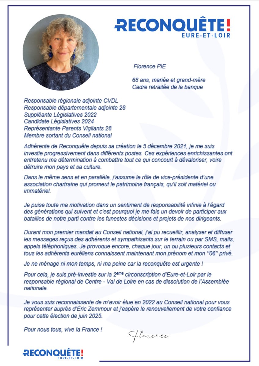 Reconquête! Centre-Val de Loire - compte officiel (@reconquetecvdl) on Twitter photo Les candidats en région Centre-Val de Loire au Conseil national de R! : 3) Florence PIE <a href="/florencepie28/">Florence PIE🌿DDA Reconquête! Eure-et-Loir🇨🇵</a>
#Reconquête #ConseilNational #ConseilNationalReconquête Les candidats en région Centre-Val de Loire au Conseil national de R! : 3) Florence PIE <a href="/florencepie28/">Florence PIE🌿DDA Reconquête! Eure-et-Loir🇨🇵</a>
#Reconquête #ConseilNational #ConseilNationalReconquête