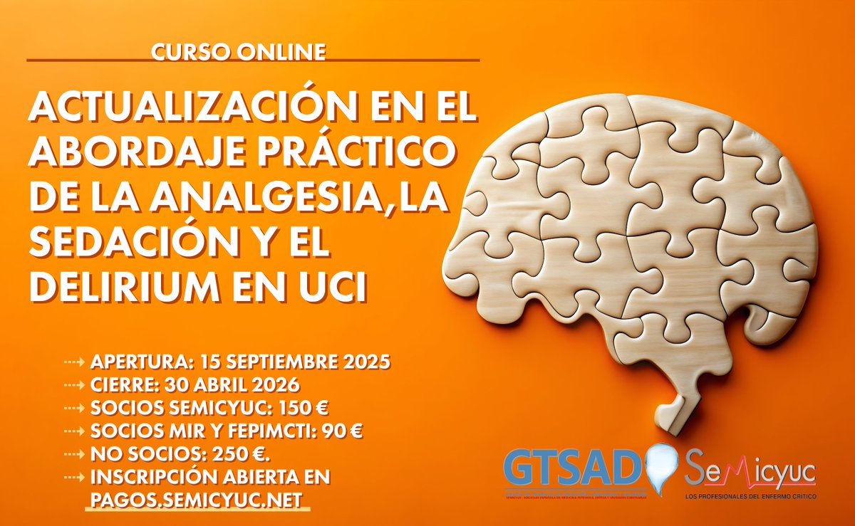 Sigue abierta la inscripción para el curso online de Actualización en el Abordaje práctico de la analgesia, la sedación y el delirium en UCI de la SEMICYUC. 
Para Medicina y Enfermería.
Descuento para médicos residentes e intensivistas de países latinoamericanos.
Más info. en