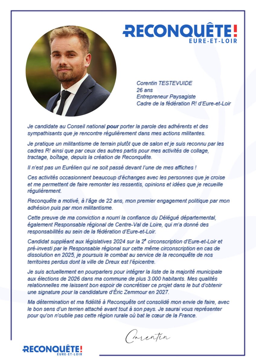 Reconquête! Centre-Val de Loire - compte officiel (@reconquetecvdl) on Twitter photo Les candidats en région Centre-Val de Loire au Conseil national de R! : 4) Corentin TESTEVUIDE <a href="/CorentinTSTVD/">Corentin Testevuide</a>
#Reconquête #ConseilNational #ConseilNationalReconquête Les candidats en région Centre-Val de Loire au Conseil national de R! : 4) Corentin TESTEVUIDE <a href="/CorentinTSTVD/">Corentin Testevuide</a>
#Reconquête #ConseilNational #ConseilNationalReconquête