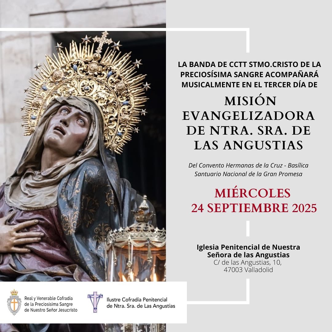 Preciosísima Sangre (@preciosasangrev) on Twitter photo Nuestra banda de Cornetas y Tambores del Santísimo Cristo de la Preciosísima Sangre de Valladolid acompañará musicalmente a Ntra. Sra. de las Angustias durante el tercer traslado de la Misión Evangelizadora.
<a href="/CristoSangreVa/">CCTT Cristo P.Sangre</a> Nuestra banda de Cornetas y Tambores del Santísimo Cristo de la Preciosísima Sangre de Valladolid acompañará musicalmente a Ntra. Sra. de las Angustias durante el tercer traslado de la Misión Evangelizadora.
<a href="/CristoSangreVa/">CCTT Cristo P.Sangre</a>