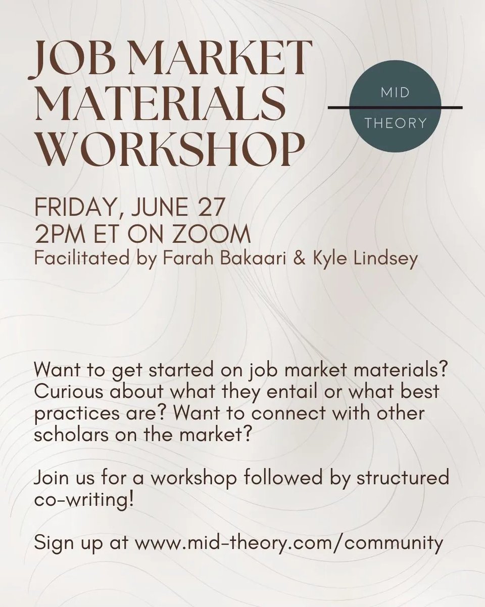 In addition to our reading groups, MTC will host a writing workshop on job market materials this summer. First meeting will be June 27th @ 2pm ET. Second meeting first week of August, date TBD. More information: mid-theory.com/mtc-writing-gr…