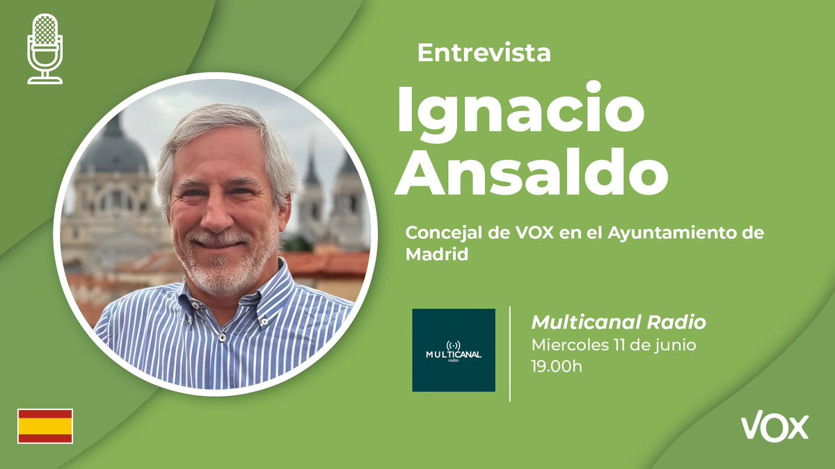 Grupo Municipal VOX Ayuntamiento de Madrid (@vox_aytomadrid) on Twitter photo 🎙️ Esta tarde a las 19h, nuestro concejal <a href="/IgnacioAnsaldo/">Ignacio Ansaldo Adriaensens</a> estará en directo en <a href="/multicanalradio/">Multicanal Radio</a>, analizando la actualidad política de Madrid.
📻 Sigue la entrevista en directo aquí:
multicanalradio.com
¡No te lo pierdas! 🎙️ Esta tarde a las 19h, nuestro concejal <a href="/IgnacioAnsaldo/">Ignacio Ansaldo Adriaensens</a> estará en directo en <a href="/multicanalradio/">Multicanal Radio</a>, analizando la actualidad política de Madrid.
📻 Sigue la entrevista en directo aquí:
multicanalradio.com
¡No te lo pierdas!