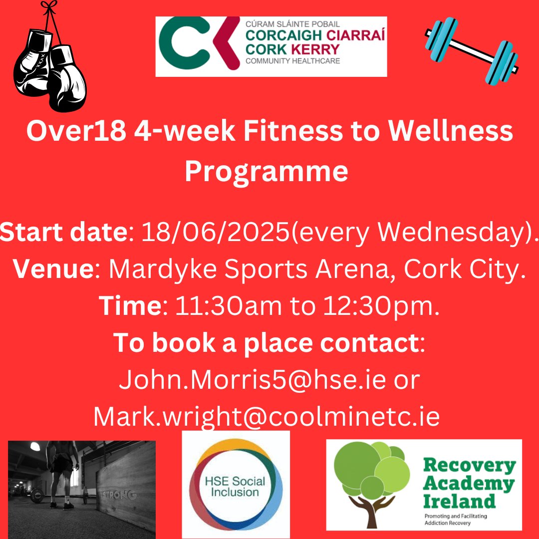 Mark Wright (@markwright087) on Twitter photo <a href="/IreRecoveryAcad/">RecoveryAcademyIre</a> Cork/Kerry are implementing a four- week fitness to wellness class starting on the 18th June from 11:30-12:30 in The Mardyke Sports Arena.Â
The programme will consist of circuit training, boxercise, strength & conditioning.
#socialinclusion <a href="/cldatf/">Cork Drug & Alcohol Task Force</a>
#fitness <a href="/IreRecoveryAcad/">RecoveryAcademyIre</a> Cork/Kerry are implementing a four- week fitness to wellness class starting on the 18th June from 11:30-12:30 in The Mardyke Sports Arena.Â
The programme will consist of circuit training, boxercise, strength & conditioning.
#socialinclusion <a href="/cldatf/">Cork Drug & Alcohol Task Force</a>
#fitness