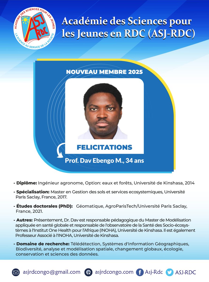 Académie des Sciences pour les Jeunes en RDC (@asjrdc) on Twitter photo #Mercredi_Profil
Aujourd'hui nous vous présentons le Prof. Dr Dav Ebengo (@davebengo) qui nous a rejoint comme membre effectif en 2025, et le félicitons pour sa sélection à <a href="/AsjRdc/">Académie des Sciences pour les Jeunes en RDC</a>👏
Pour la liste complète de nos membres, veuillez consulter ce lien
asjrdcongo.com/team-3 #Mercredi_Profil
Aujourd'hui nous vous présentons le Prof. Dr Dav Ebengo (@davebengo) qui nous a rejoint comme membre effectif en 2025, et le félicitons pour sa sélection à <a href="/AsjRdc/">Académie des Sciences pour les Jeunes en RDC</a>👏
Pour la liste complète de nos membres, veuillez consulter ce lien
asjrdcongo.com/team-3