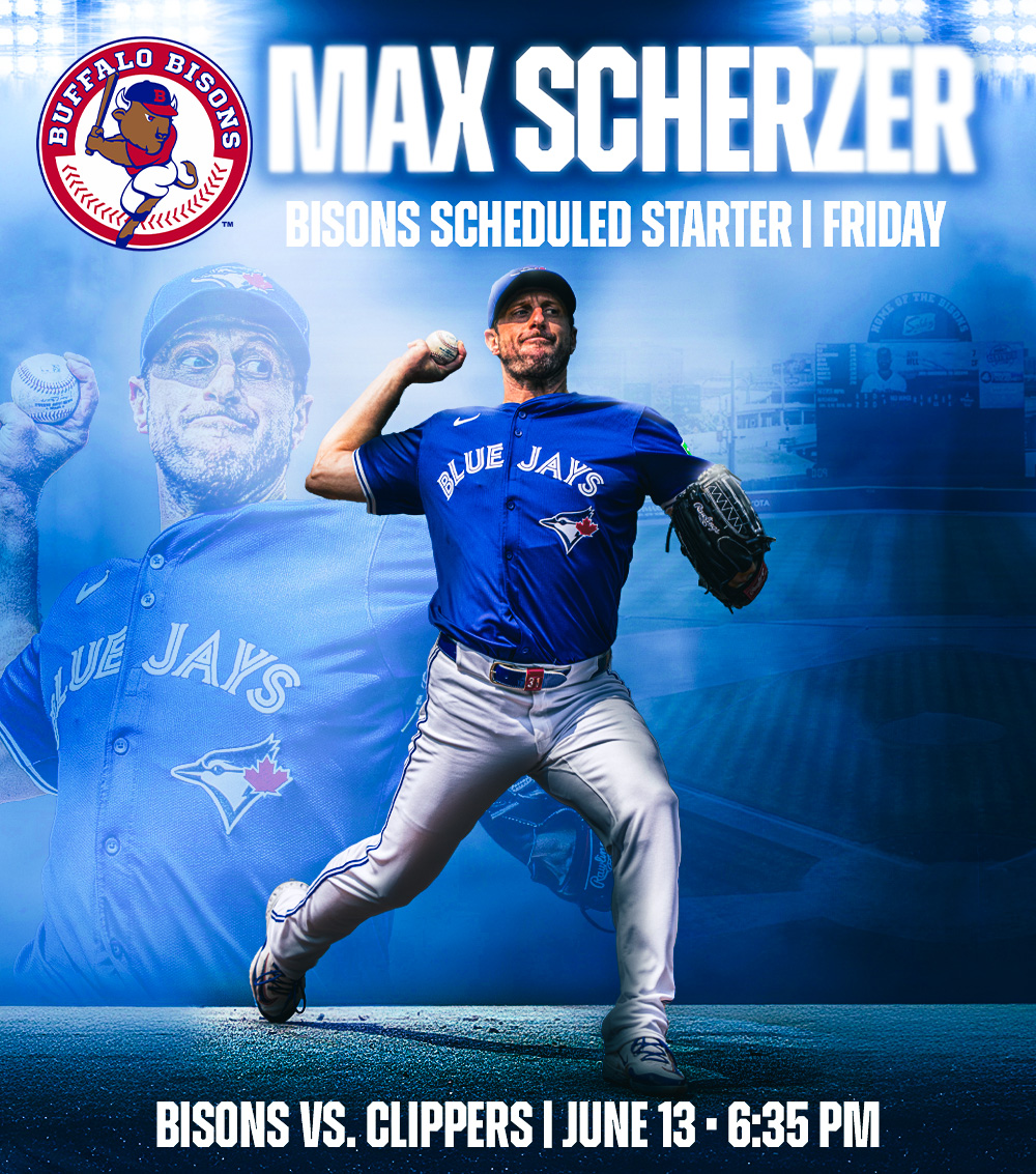 Friday is going to be MAD fun 🤩

#BlueJays RHP Max Scherzer to join the #Bisons on an MLB injury rehab assignment, scheduled to start for Herd Friday vs. <a href="/CLBClippers/">Columbus Clippers</a>. (6:35 p.m.).

🔗bit.ly/4l4WuBu