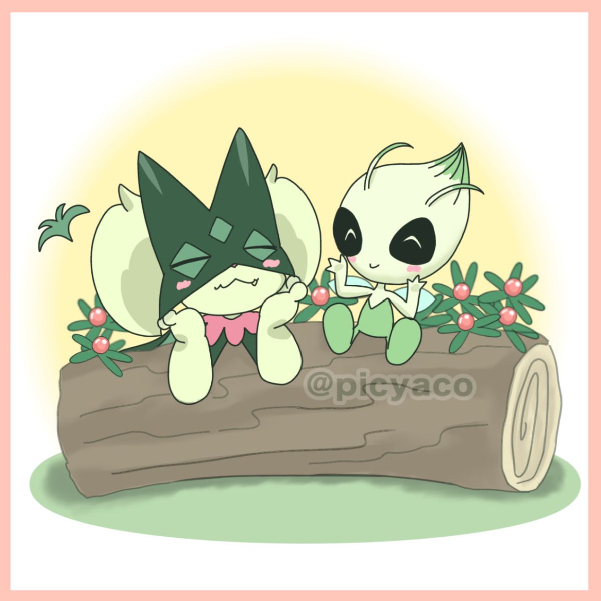 picyaco's tweet image. #セレビィの日　
お祝いちょっと遅刻…🌱

マスカーニャちゃんとセレビィちゃん

おいしいね🍒🌱

#セレビィ　#マスカーニャ　#pokemonfanart 
#ポケモンイラスト　#meowscarada #Celebi
