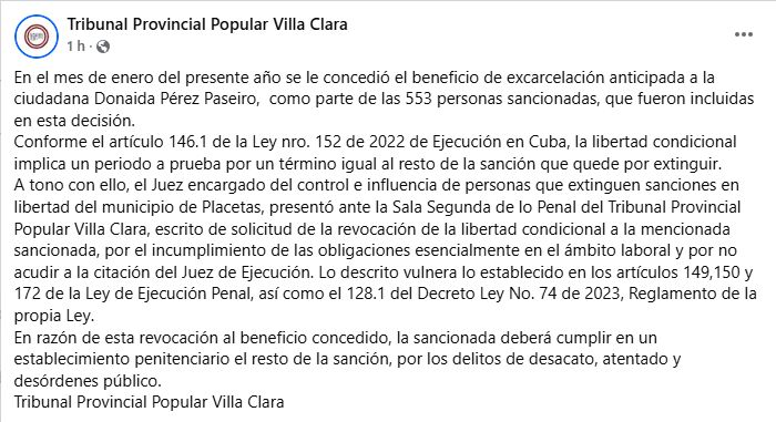 URGENTE

Acaban de anunciar la revocación de la libertad condicional de Donaida Pérez Paseiro. Donaida, miembro de la Asociación de Yorubas Libres de Cuba sería la tercera líder opositora, junto a Ferrer y Félix Navarro, a quienes arbitrariamente regresan a prisión.