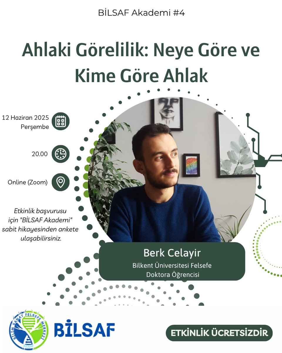 BİLSAF Akademi #4: Ahlaki Görelilik: Neye Göre Kime Göre Ahlak

Bilkent Felsefe Doktora Öğrencisi, Öncül Analitik Felsefe Dergisi'nin Genel Yayın Yönetmeni Berk Celayir BİLSAF'ta!

12 Haziran Perşembe 20:00'de online. Katılabilirsiniz!  

Başvuru Formu: forms.gle/bwRdvgksZ7MbWr…