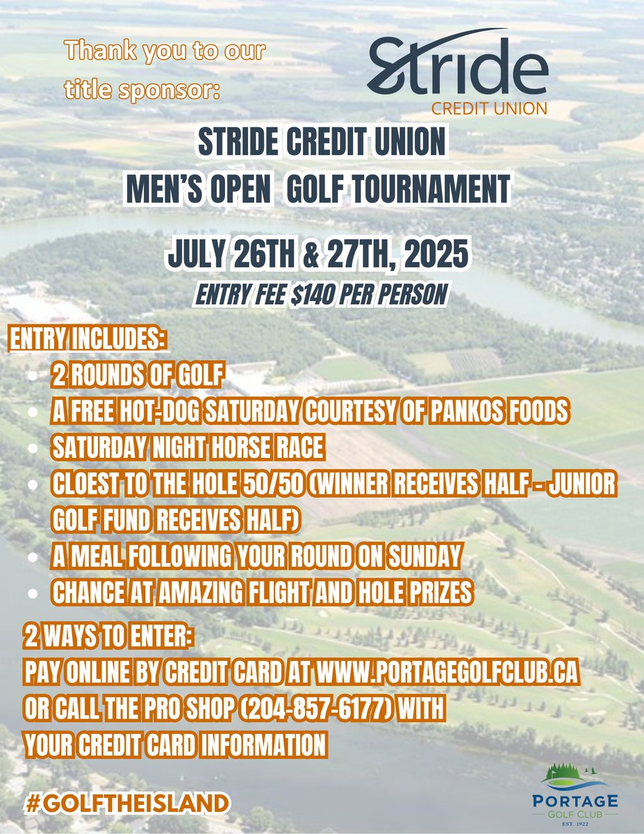 The PGC Men’s Open has a new title sponsor in <a href="/MyStrideCU/">Stride Credit Union</a>! 🏌️‍♂️ July 26–27 ⛳️

Slots are filling fast for the #ToughestTournamentInManitoba

“Well, I’ll tell ya somethin’ — if you’re scared, go play tennis.” – Lee Trevino 🎾

💰 Flight &amp; hole prizes for all!

#MyStrideCU #PGC