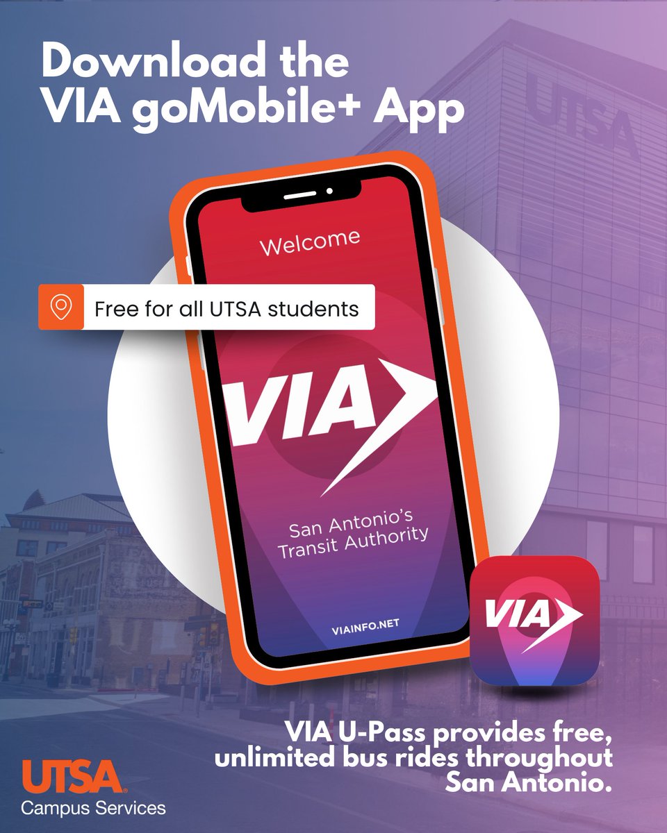 UTSACampusSrvcs's tweet image. Did you know the VIA U-Pass is free for all UTSA students and employees? To get started, download the VIA goMobile app and create an account for your VIA U-Pass! 🚍🌞 utsa.edu/via
#UTSA #UTSACampusServices #VIA