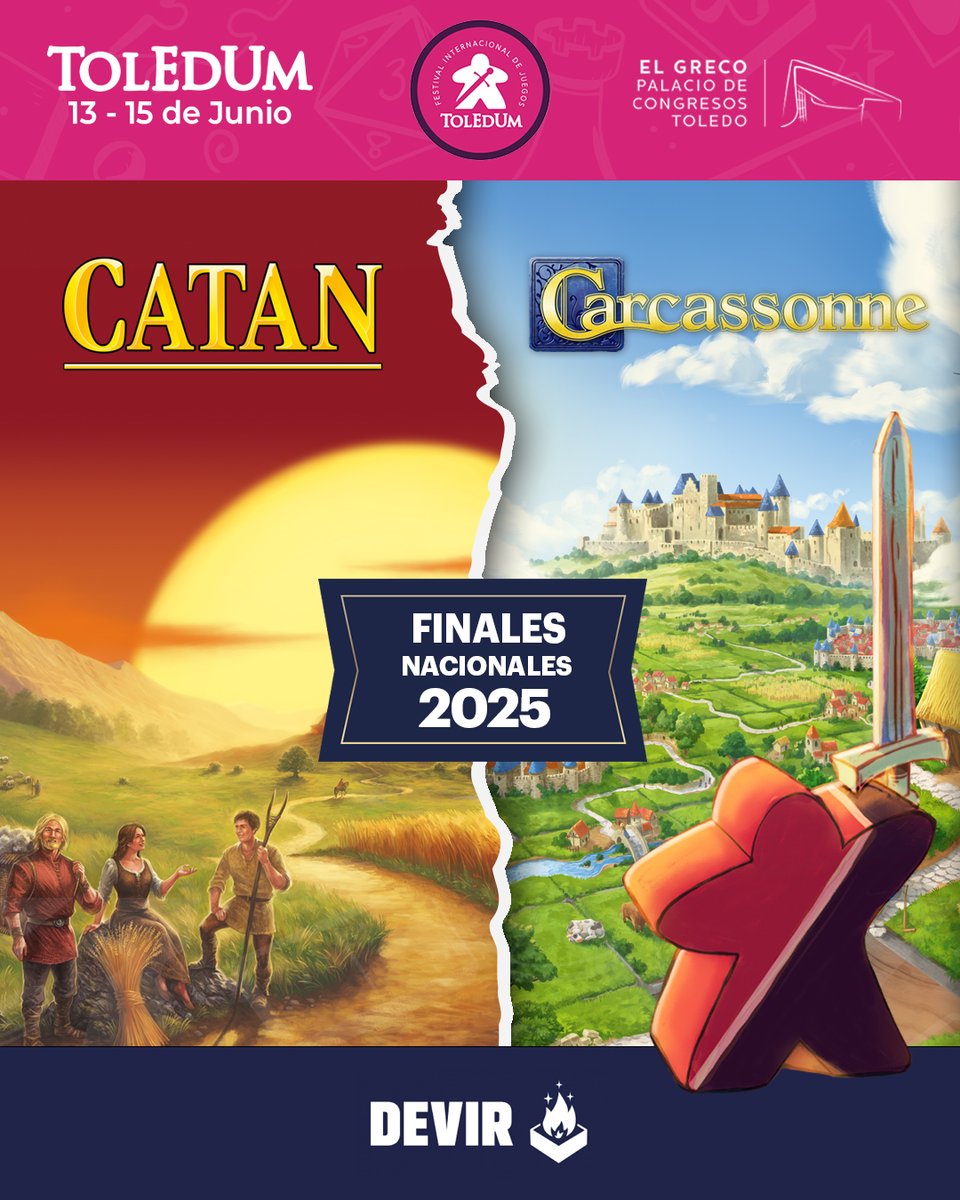 Devir Iberia (@deviriberia) on Twitter photo 🏆 ¡Este sábado 14 de junio celebramos las Finales Nacionales de Catan y Carcassonne en el #ToledumFestival !
🎲 Los mejores jugadores del país se enfrentarán por el título nacional y por una plaza en los Campeonatos del Mundo de cada juego.
🎥 Y si no puedes venir a Toledo… 🏆 ¡Este sábado 14 de junio celebramos las Finales Nacionales de Catan y Carcassonne en el #ToledumFestival !
🎲 Los mejores jugadores del país se enfrentarán por el título nacional y por una plaza en los Campeonatos del Mundo de cada juego.
🎥 Y si no puedes venir a Toledo…