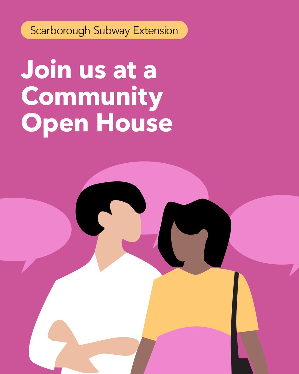 We’re designing elements of your future stations, join us to share your feedback!

On June 19, 24 and 25, we will be hosting a series of community open houses to seek your input on your future Scarborough subway stations.

For more information, visit bit.ly/4mTgN6n