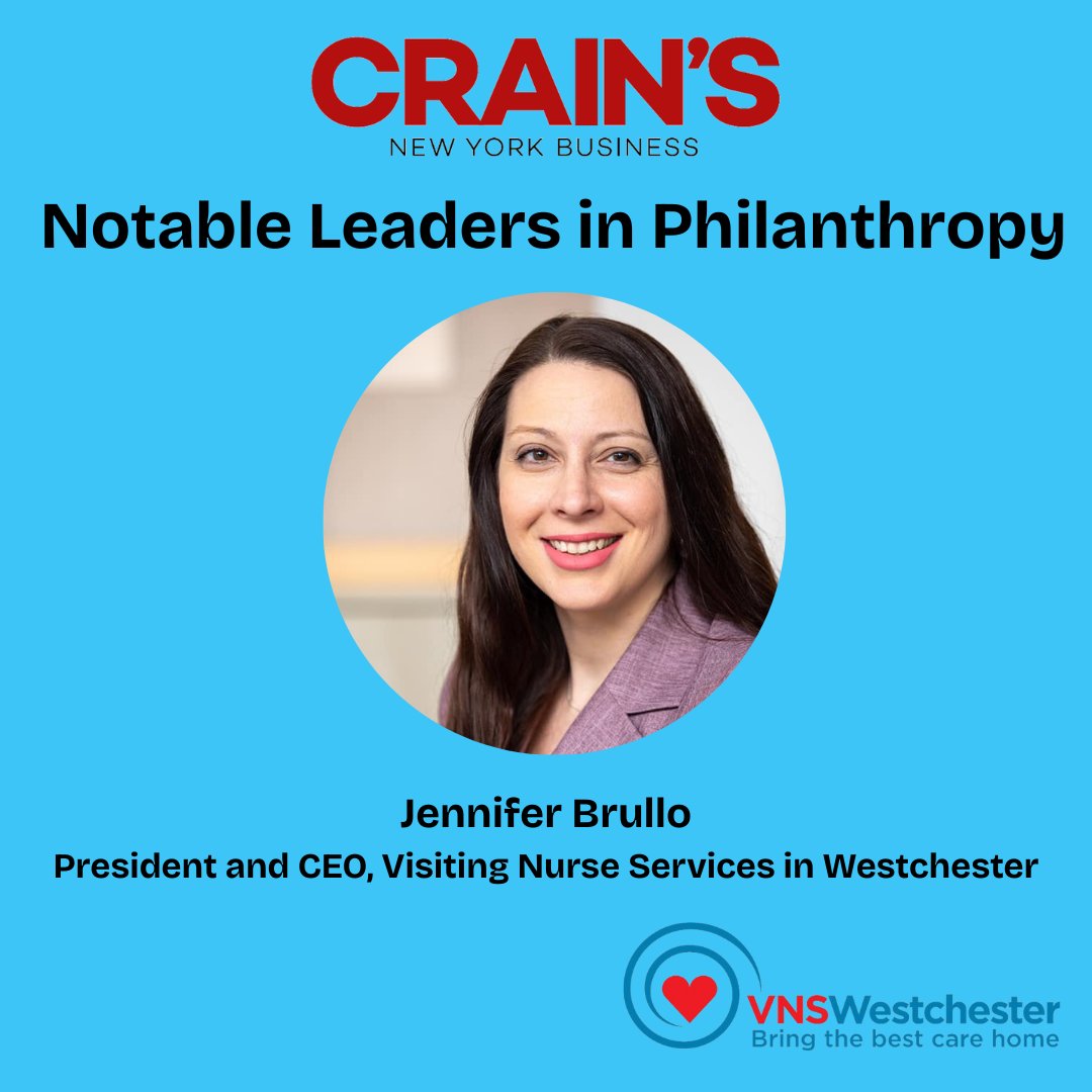 Congratulations to Jennifer Brullo, President &amp; CEO of VNS Westchester, on being recognized by <a href="/CrainsNewYork/">Crain's New York</a>  Crain's as one of the Notable Leaders in Philanthropy! 

To learn more about this year's honorees, please visit crainsnewyork.com/awards/notable….