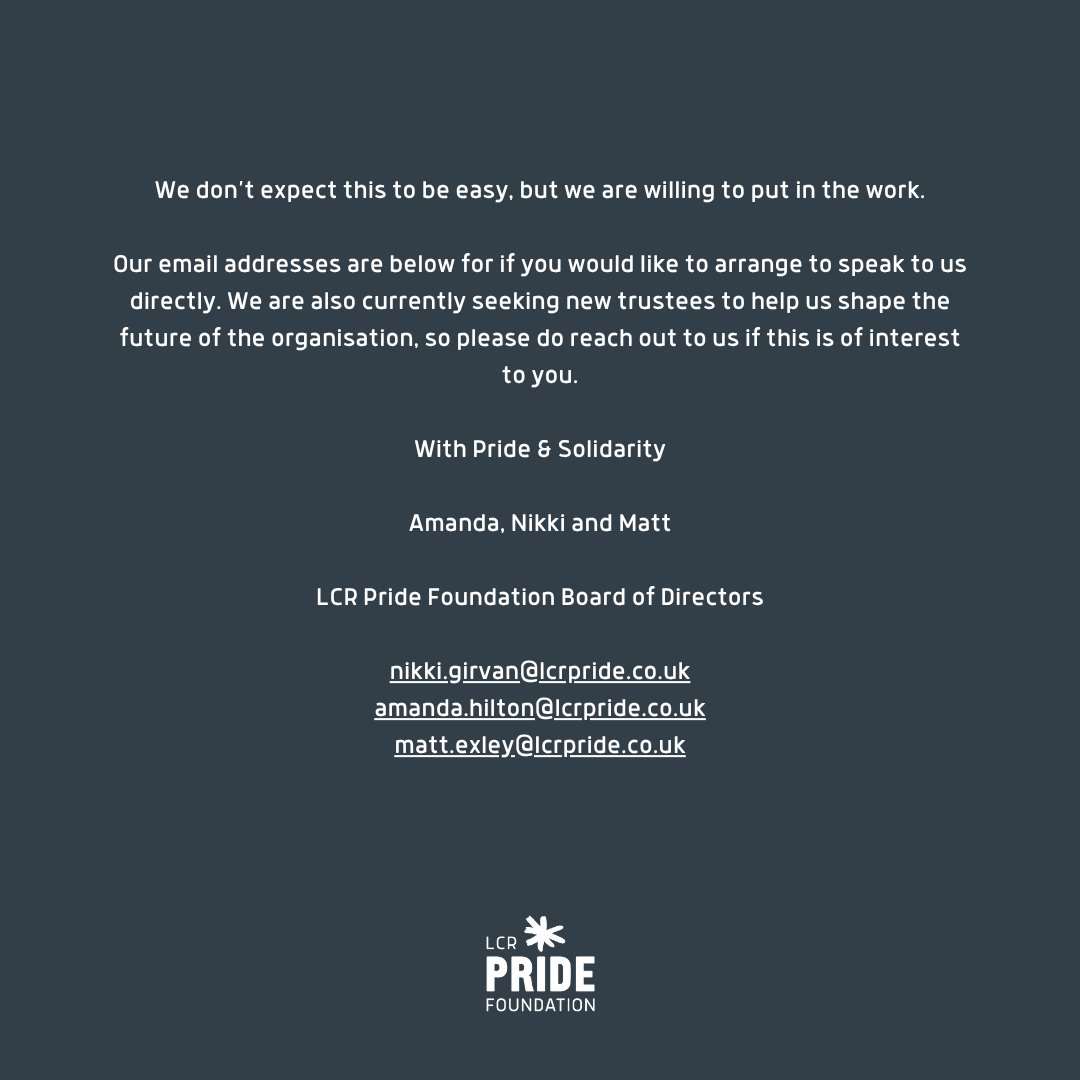 Since our announcement we have been listening to the community’s response. What we have heard is that our organisation has repeatedly failed to deliver a Pride that  reflects our city’s LGBTQ+ community.  We completely agree.

Please read our statement: lcrpride.co.uk/2025/06/11/we-…