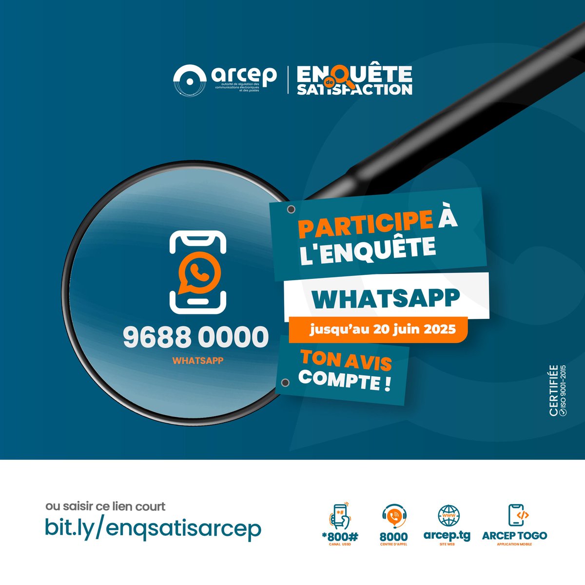 Encore jusqu'au 20 Juin 2025 pour donner ton avis!
Envoies un message dès maintenant via WhatsApp au 96880000 pour participer à l'enquête de satisfaction. #régulationparladonnée #WhatsApp #TonAvisCompte
<a href="/YasTogo/">Yas Togo</a> <a href="/moovafricatg/">Moov Africa Togo</a> 
#Canalbox #Togo
 <a href="/TEOLIS_Officiel/">TEOLIS</a> <a href="/cafeinfos/">CAFE Informatique</a>