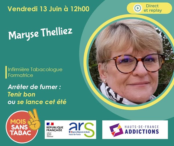 [Vie sans tabac]

🚭 RDV vendredi pour notre LIVE animé par Maryse Thelliez, infirmière tabacologue/formatrice !

✌ L'occasion de faire le plein de conseils pour vous, vos proches ou des usagers... dans l'arrêt du #tabac ou le #sevragetabagique !

🖥️ facebook.com/association.ha…