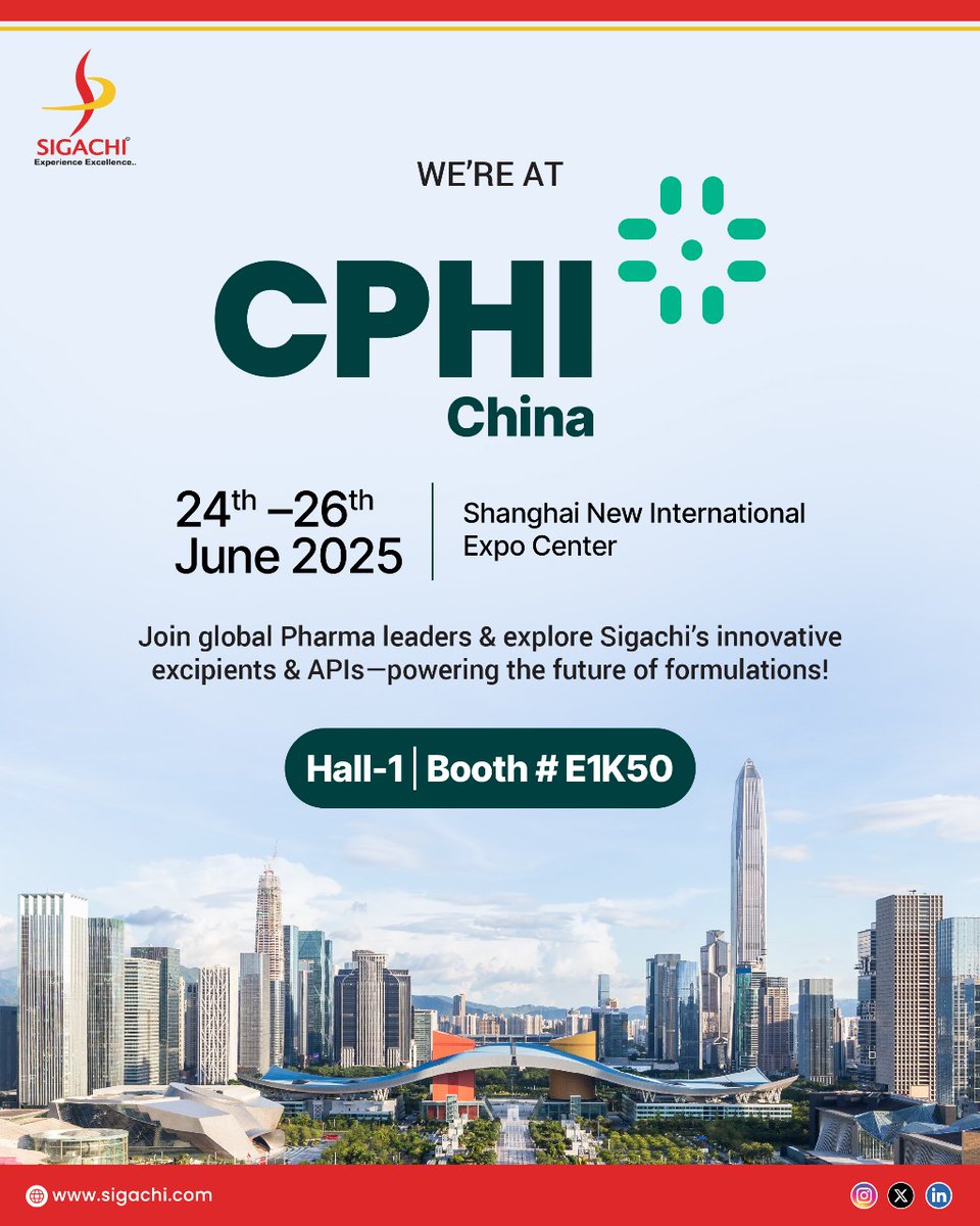 Sigachi Pharma (@sigachil) on Twitter photo Weโre thrilled to exhibit at #CPHIChina 2025!
Explore our excipients, APIs & advanced intermediates tailored to your needs.
๐ Hall 1 | Booth E1K50
๐
June 24โ26 |
๐ SNIEC, Shanghai
๐ง Book a meeting with our experts: enquiry@sigachi.com
#Sigachi #Pharma #CPHI2025 Weโre thrilled to exhibit at #CPHIChina 2025!
Explore our excipients, APIs & advanced intermediates tailored to your needs.
๐ Hall 1 | Booth E1K50
๐
June 24โ26 |
๐ SNIEC, Shanghai
๐ง Book a meeting with our experts: enquiry@sigachi.com
#Sigachi #Pharma #CPHI2025