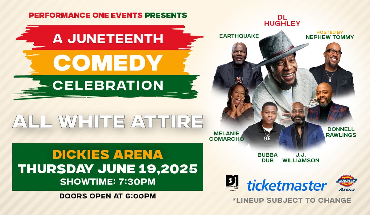 Juneteenth Comedy Celebration is coming to Dickies Arena on Thursday, June 19, 2025.

Tickets are on sale now via Ticketmaster.com