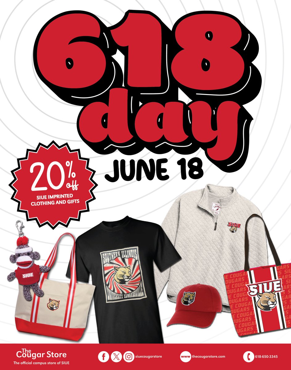 6-1-8! Reppin' our area code in the best way, with a sale! Come grab your favorite Cougar gear for 20% off on Wednesday, June 18. In store only, while supplies last. 😁