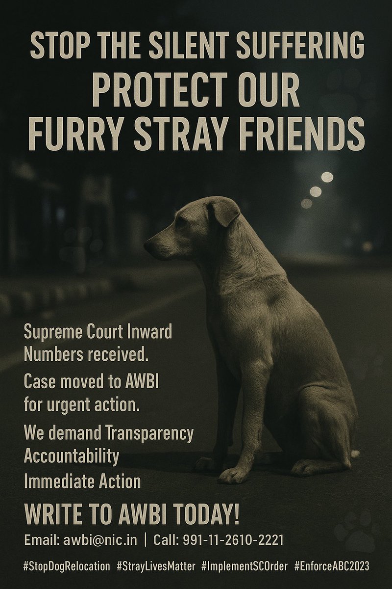 🛑 STOP THE SILENT SUFFERING 🛑
PROTECT OUR FURRY STRAY FRIENDS 🐾

📜 Companions of the streets, protected by law, loved by many — yet today, their lives hang in the balance.

✅ Some of us now hold the Supreme Court Inward Numbers for our petitions.
✅ The case status has now