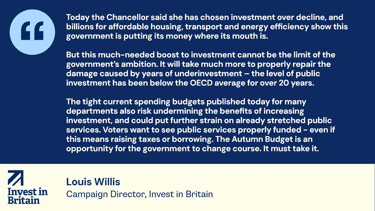 Invest_Britain's tweet image. Here's what our Campaign Director, Louis Willis, had to say about today's Comprehensive Spending Review: 👇