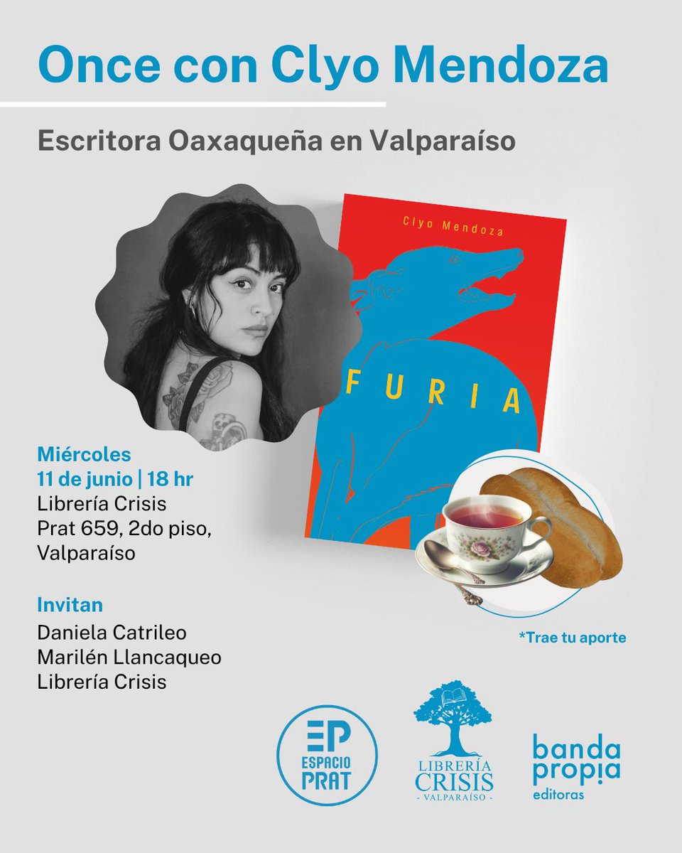 Hoy, a las 18 hrs en <a href="/libreria_crisis/">Librería Crisis</a>, once con Clyo Mendoza ☕️🥖🥑. Clyo conversará con <a href="/DanielaCatrileo/">Daniela Catrileo</a> y Marilén Llancaqueo. Trae tu aporte para tomar once 😏