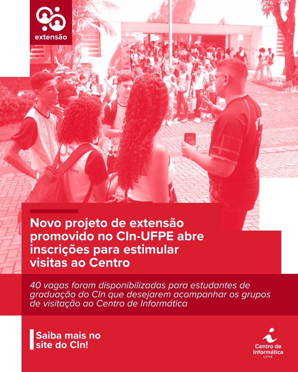 📢 Estão abertas as inscrições para o projeto de extensão "Visita ao CIn: uma experiência com a Computação", voltado para alunos de graduação do CIn-UFPE.

Confira portal.cin.ufpe.br/2025/06/10/nov…