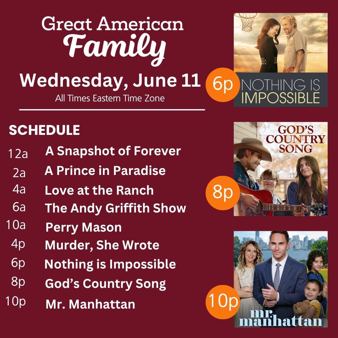 CattLovesMovies's tweet image. Wednesday Greetings!
#PureFlix #WeeknightMovies tonight on @GAfamilyTV—
☀️#NothingIsImpossible 6pET/3pPT
☀️#GodsCountrySong 8pET/5pPT
☀️#MrManhattan 10pET/7pPT
🐱💛🎬
@billabbottHC @PureFlix #GreatAmericanFamily #GFam #WelcomeHome #StoriesWellTold #Greatfuls