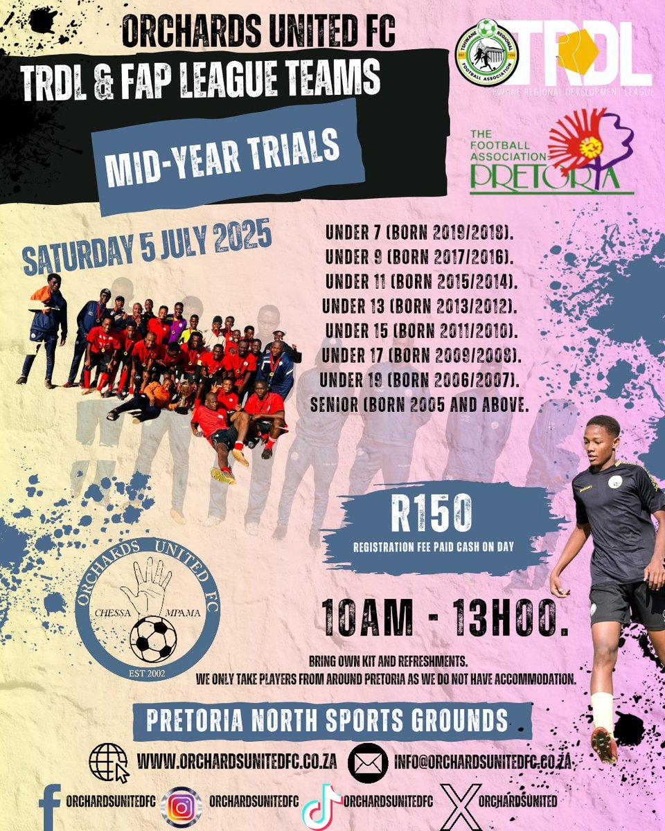 orchardsunited's tweet photo. 🚨 TRIALS ALERT 🚨 

[Gauteng - Pretoria North]

TRDL(Tshwane Regional Development League) and FAP (Football Association of Pretoria) team Orchards United FC will be hosting trials for all the divisions from age of 6(BORN 2019) and above. https://t.co/4VsxZfTp7M