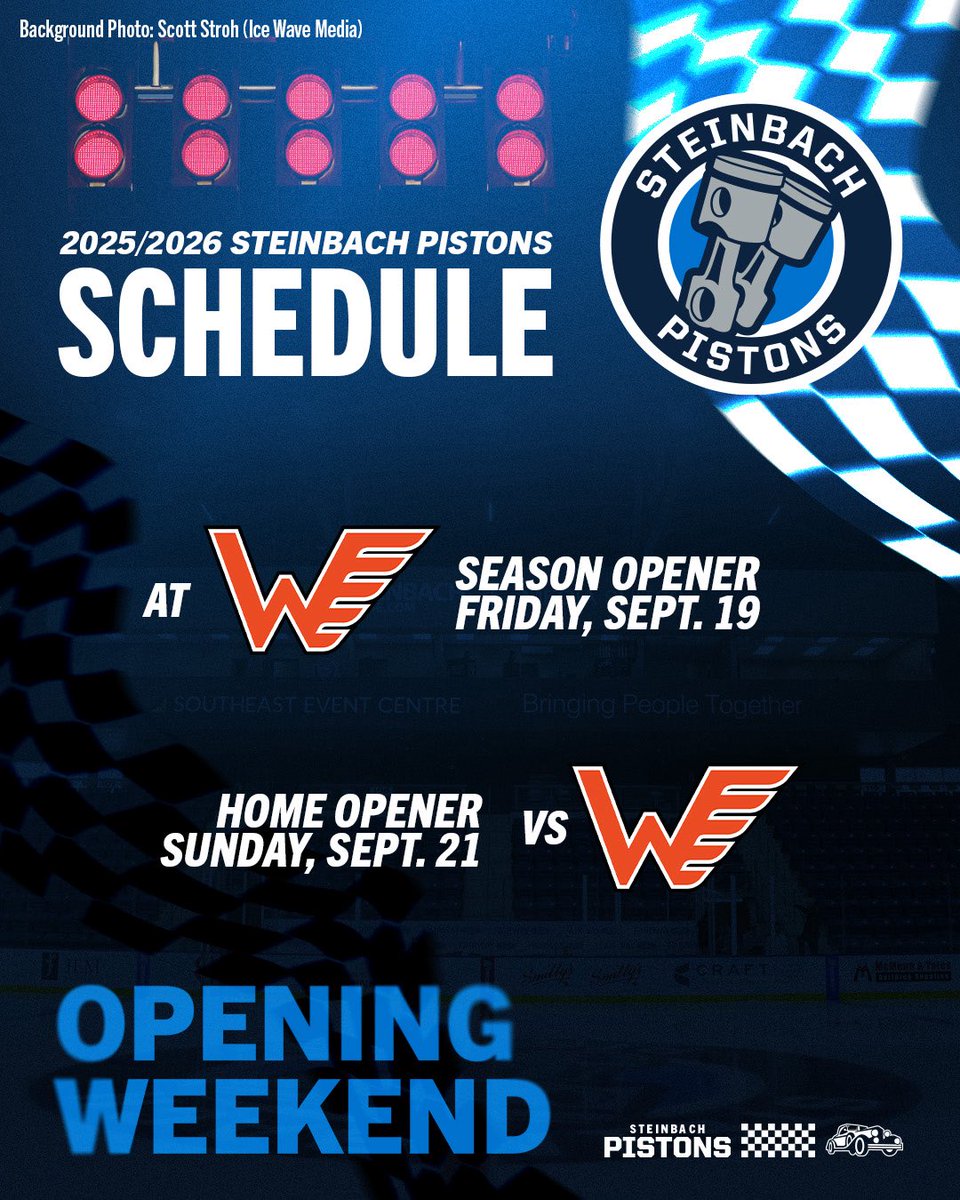 🚨NEWS🚨

The 2025-26 MJHL schedule is made and we are excited to announce dates of our opening weekend games versus the Winkler Flyers!
 
Pistons hockey is coming back to the SEC on Sunday September 21st. 

Get your season tickets. Go to tickets.steinbachpistons.ca.

#PistonsHockey